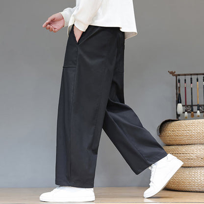 Buddha Stones Fall Pure Color Cotton Men's Cropped Harem Pants With Pockets