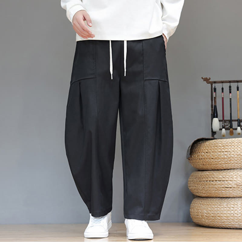 Buddha Stones Fall Pure Color Cotton Men's Cropped Harem Pants With Pockets