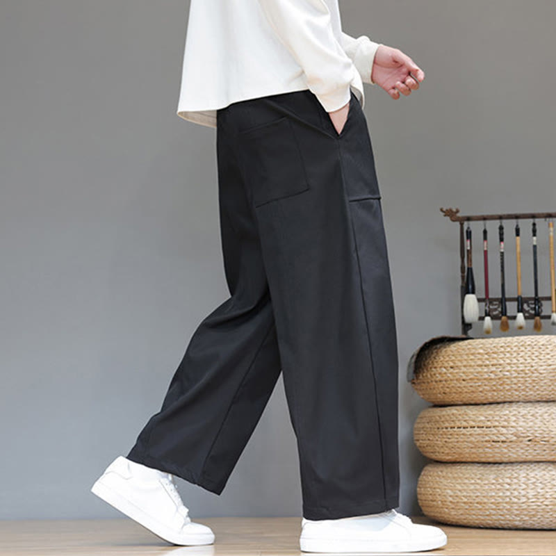Buddha Stones Fall Pure Color Cotton Men's Cropped Harem Pants With Pockets
