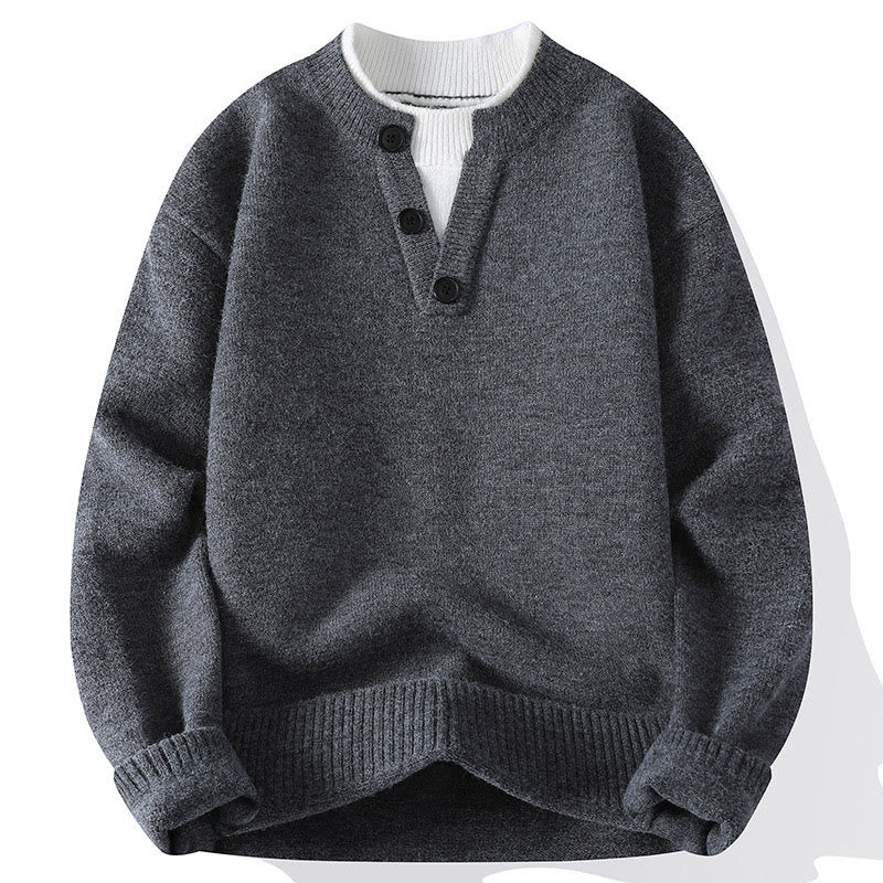 Buddha Stones Winter Buttons Crew Neck Design Warm Men's Long Sleeve Knitted Sweater