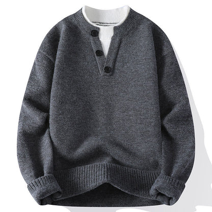 Buddha Stones Winter Buttons Crew Neck Design Warm Men's Long Sleeve Knitted Sweater