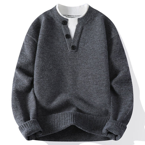 Buddha Stones Winter Buttons Crew Neck Design Warm Men's Long Sleeve Knitted Sweater