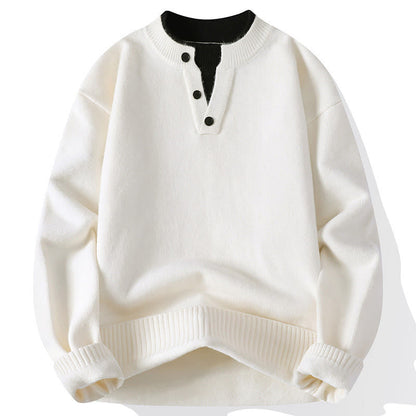 Buddha Stones Winter Buttons Crew Neck Design Warm Men's Long Sleeve Knitted Sweater