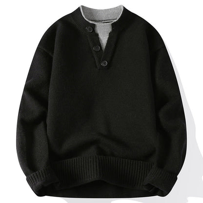 Buddha Stones Winter Buttons Crew Neck Design Warm Men's Long Sleeve Knitted Sweater