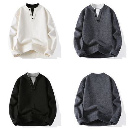 Buddha Stones Winter Buttons Crew Neck Design Warm Men's Long Sleeve Knitted Sweater