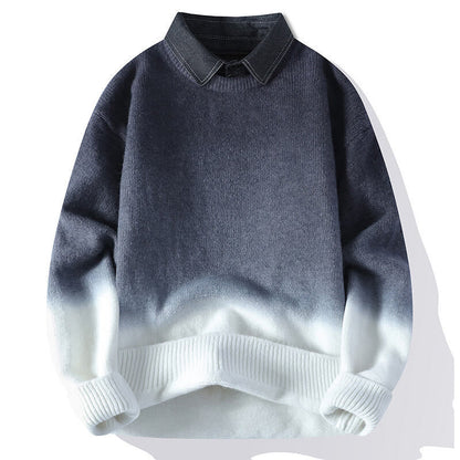 Buddha Stones Winter Stand Collar Gradient Color Design Warm Men's Long Sleeve Knitted Sweater
