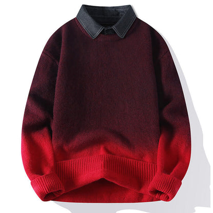 Buddha Stones Winter Stand Collar Gradient Color Design Warm Men's Long Sleeve Knitted Sweater