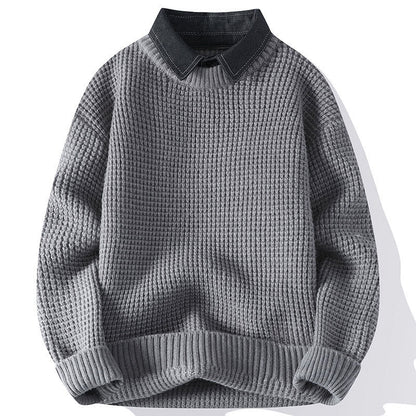 Buddha Stones Winter Black Stand Collar Waffle Pattern Warm Men's Long Sleeve Knitted Sweater