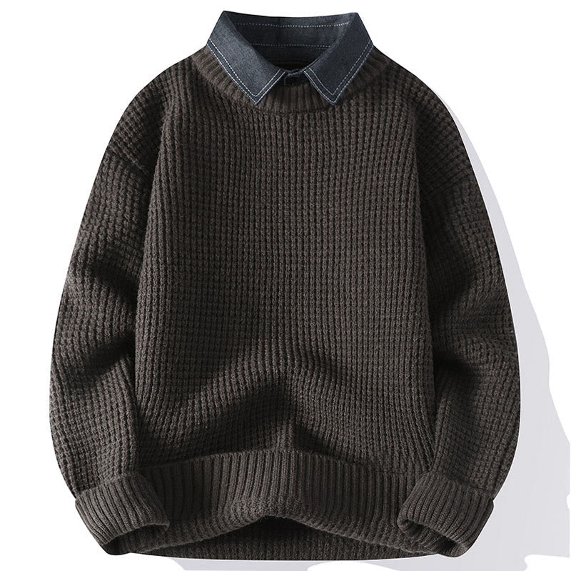 Buddha Stones Winter Black Stand Collar Waffle Pattern Warm Men's Long Sleeve Knitted Sweater