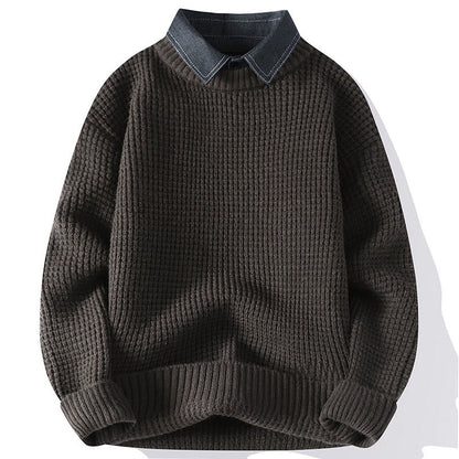 Buddha Stones Winter Black Stand Collar Waffle Pattern Warm Men's Long Sleeve Knitted Sweater