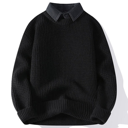 Buddha Stones Winter Black Stand Collar Waffle Pattern Warm Men's Long Sleeve Knitted Sweater