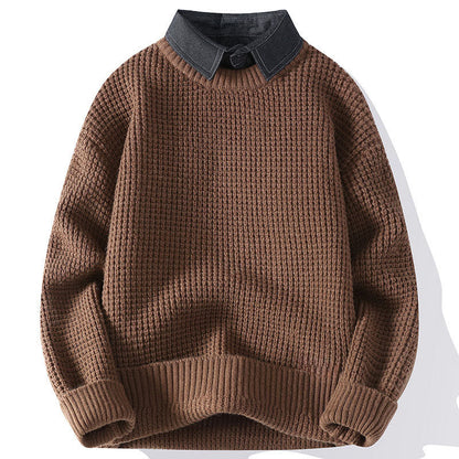 Buddha Stones Winter Black Stand Collar Waffle Pattern Warm Men's Long Sleeve Knitted Sweater