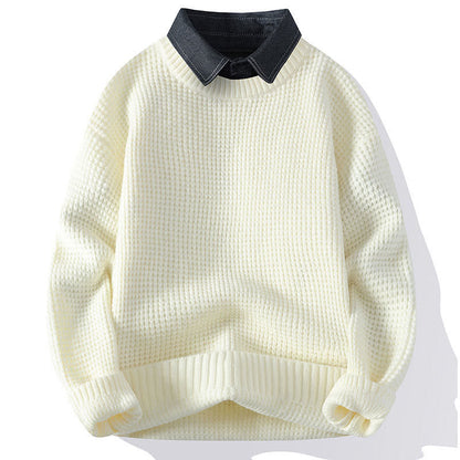 Buddha Stones Winter Black Stand Collar Waffle Pattern Warm Men's Long Sleeve Knitted Sweater