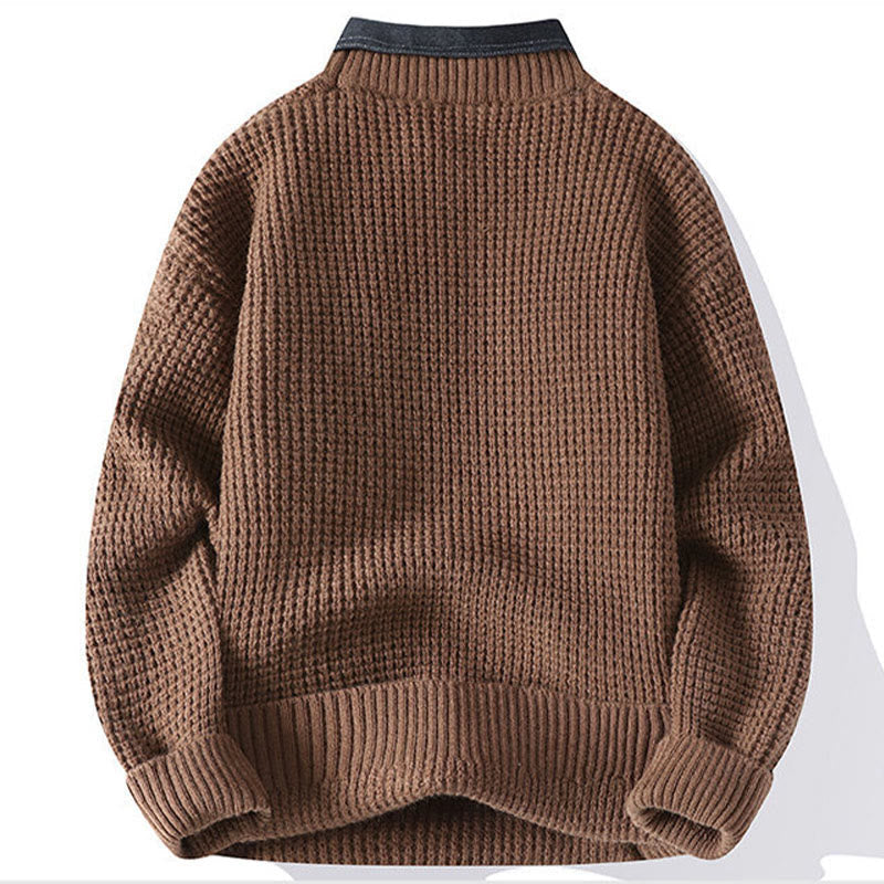 Buddha Stones Winter Black Stand Collar Waffle Pattern Warm Men's Long Sleeve Knitted Sweater