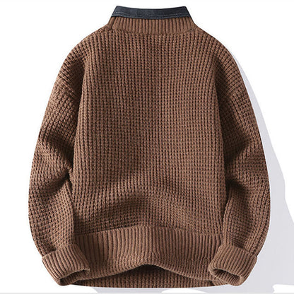 Buddha Stones Winter Black Stand Collar Waffle Pattern Warm Men's Long Sleeve Knitted Sweater