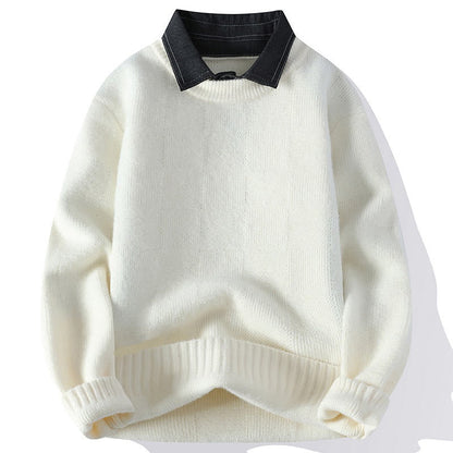 Buddha Stones Winter Black Stand Collar Plaid Pattern Warm Men's Long Sleeve Knitted Sweater