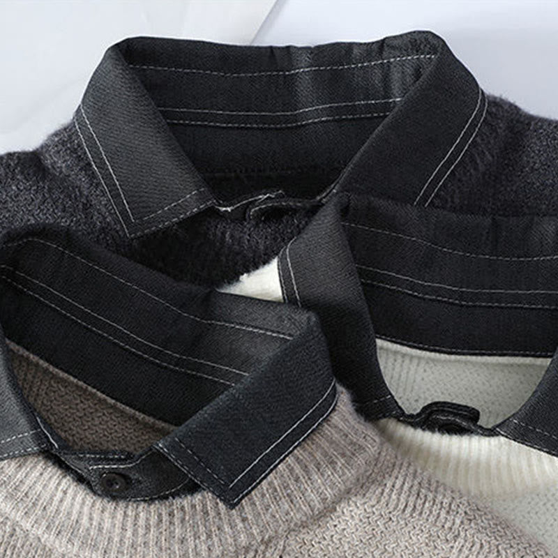 Buddha Stones Winter Black Stand Collar Plaid Pattern Warm Men's Long Sleeve Knitted Sweater