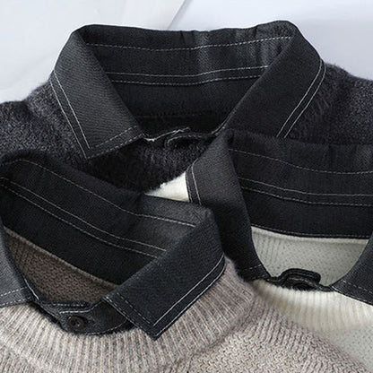 Buddha Stones Winter Black Stand Collar Plaid Pattern Warm Men's Long Sleeve Knitted Sweater