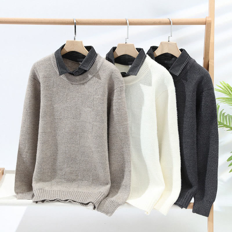 Buddha Stones Winter Black Stand Collar Plaid Pattern Warm Men's Long Sleeve Knitted Sweater