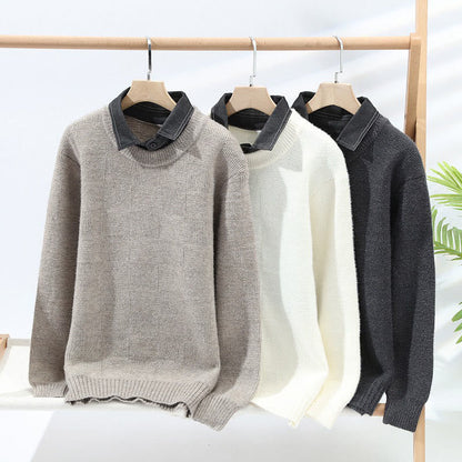 Buddha Stones Winter Black Stand Collar Plaid Pattern Warm Men's Long Sleeve Knitted Sweater