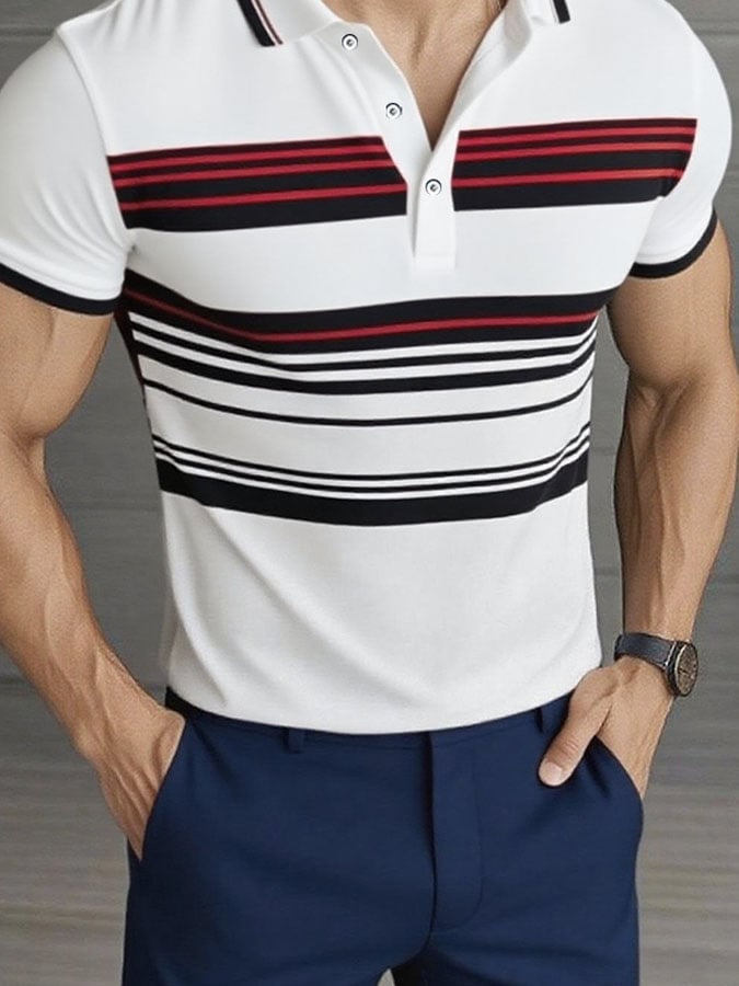 Men'S Casual Classic Striped Print Business Short-Sleeved Polo Shirt