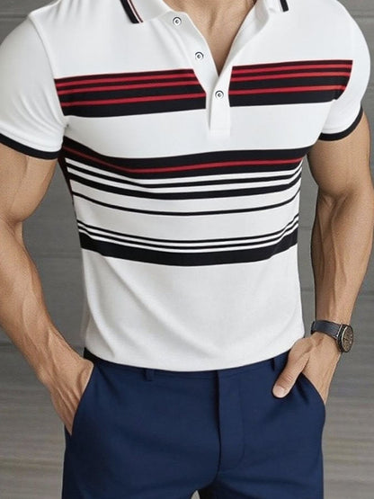 Men'S Casual Classic Striped Print Business Short-Sleeved Polo Shirt