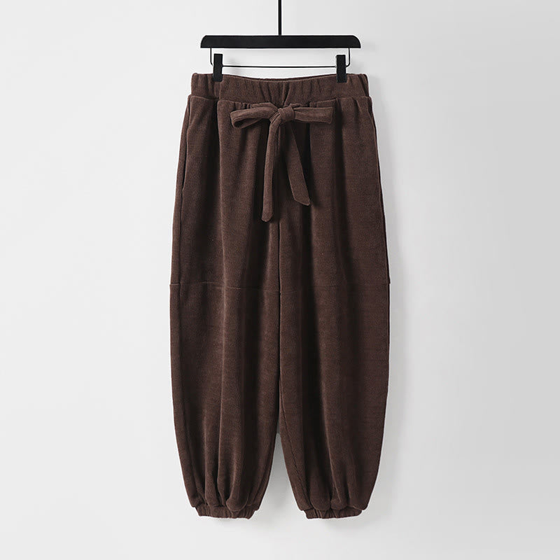 Buddha Stones Winter Solid Color Lace-up Men's Harem Cotton Corduroy Pants With Pockets