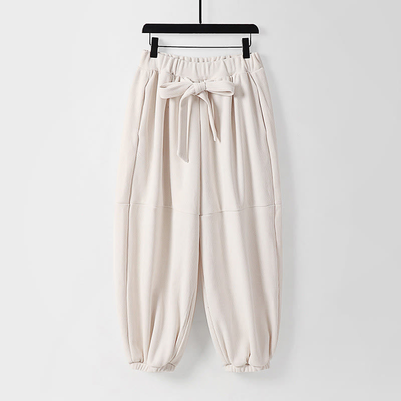 Buddha Stones Winter Solid Color Lace-up Men's Harem Cotton Corduroy Pants With Pockets