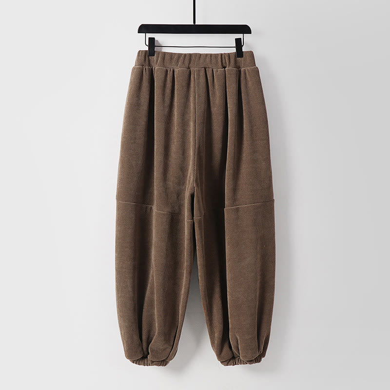 Buddha Stones Winter Solid Color Lace-up Men's Harem Cotton Corduroy Pants With Pockets