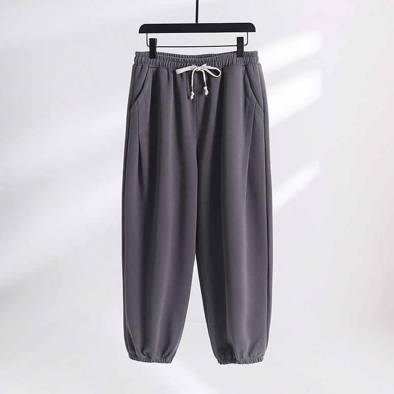 Buddha Stones Fall Winter Solid Drawstring Regular Fleece-Lined Elastic Waist Men's Cotton Harem Pants With Pockets