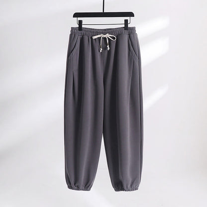 Buddha Stones Fall Winter Solid Drawstring Regular Fleece-Lined Elastic Waist Men's Cotton Harem Pants With Pockets