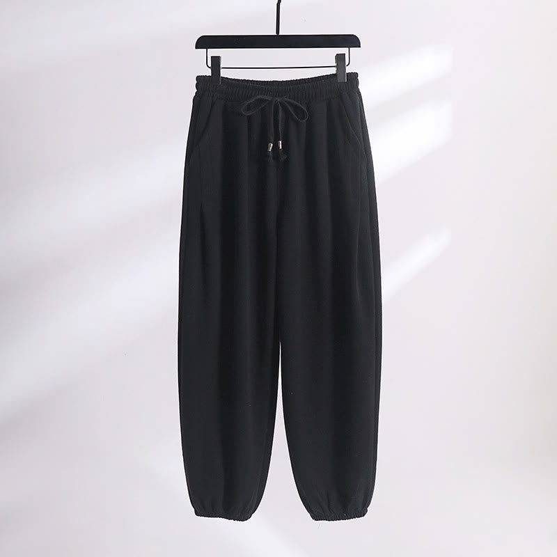 Buddha Stones Fall Winter Solid Drawstring Regular Fleece-Lined Elastic Waist Men's Cotton Harem Pants With Pockets