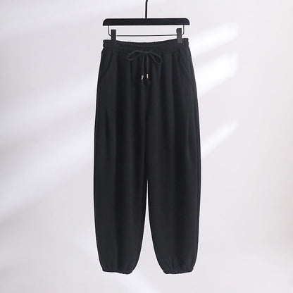 Buddha Stones Fall Winter Solid Drawstring Regular Fleece-Lined Elastic Waist Men's Cotton Harem Pants With Pockets