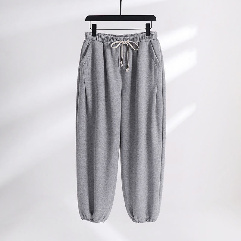 Buddha Stones Fall Winter Solid Drawstring Regular Fleece-Lined Elastic Waist Men's Cotton Harem Pants With Pockets
