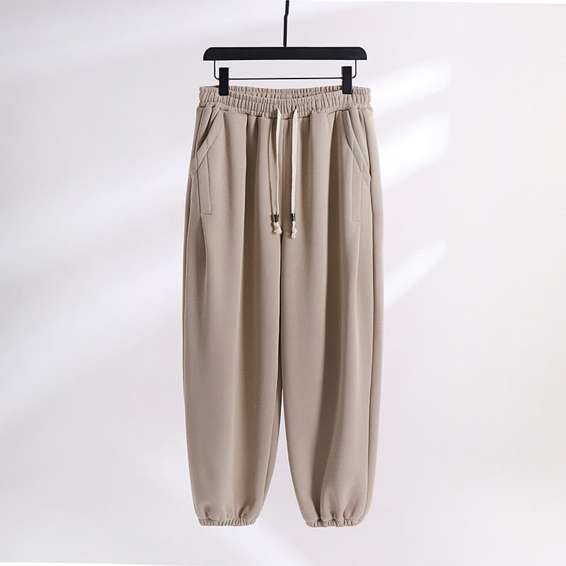 Buddha Stones Fall Winter Solid Drawstring Regular Fleece-Lined Elastic Waist Men's Cotton Harem Pants With Pockets