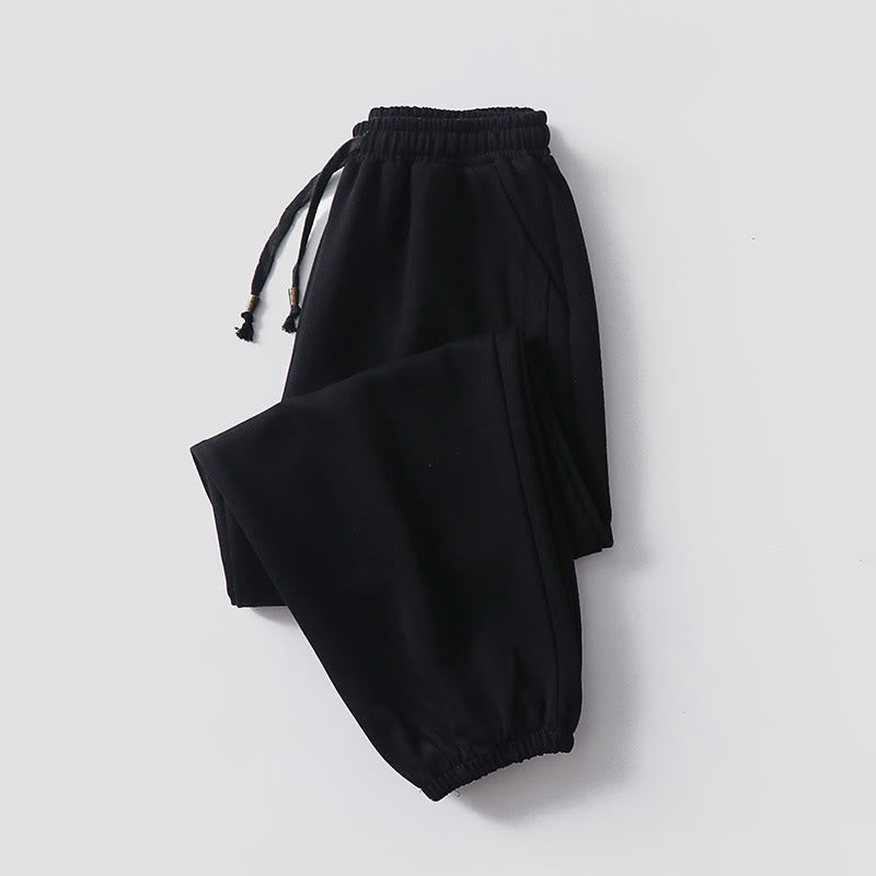 Buddha Stones Fall Winter Solid Drawstring Regular Fleece-Lined Elastic Waist Men's Cotton Harem Pants With Pockets