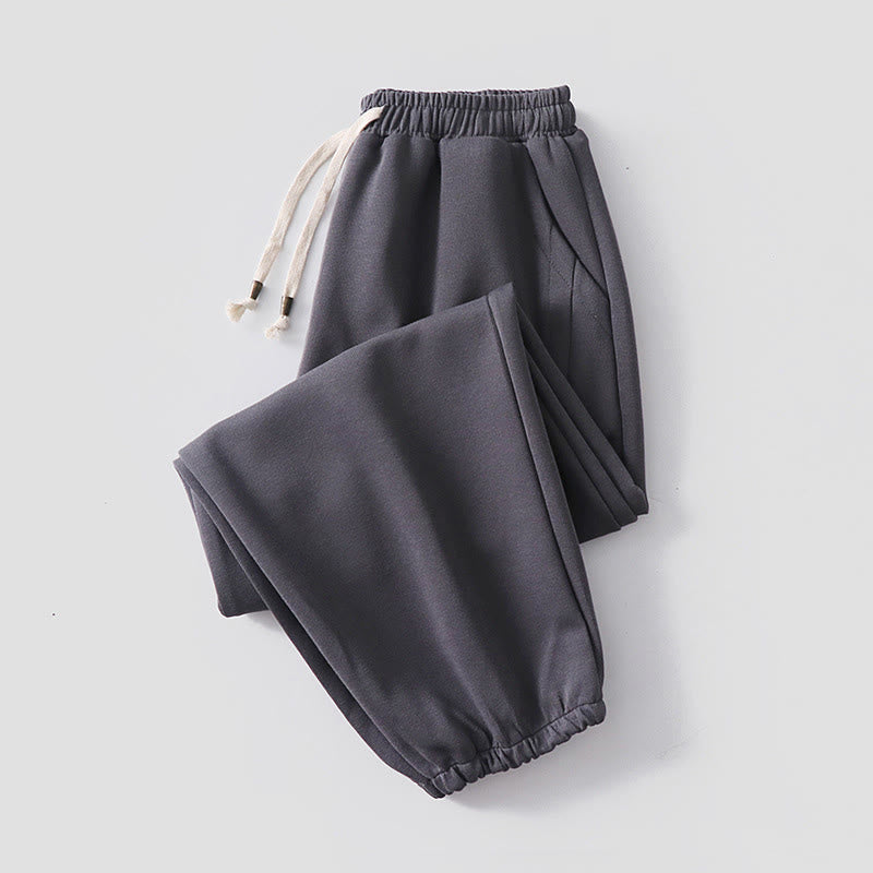 Buddha Stones Fall Winter Solid Drawstring Regular Fleece-Lined Elastic Waist Men's Cotton Harem Pants With Pockets