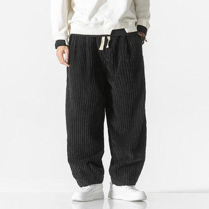 Buddha Stones Retro Winter Solid Color Men's Drawstring Corduroy Harem Pants With Pockets