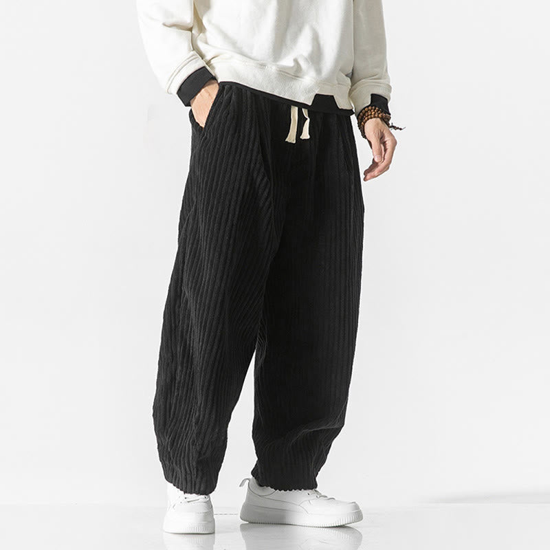 Buddha Stones Retro Winter Solid Color Men's Drawstring Corduroy Harem Pants With Pockets