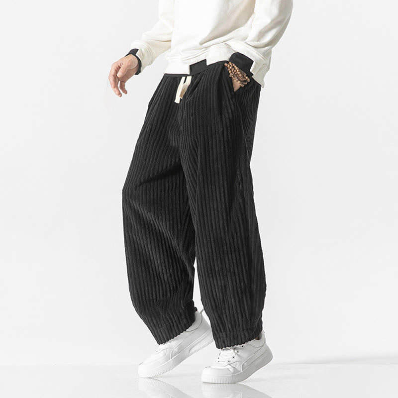 Buddha Stones Retro Winter Solid Color Men's Drawstring Corduroy Harem Pants With Pockets