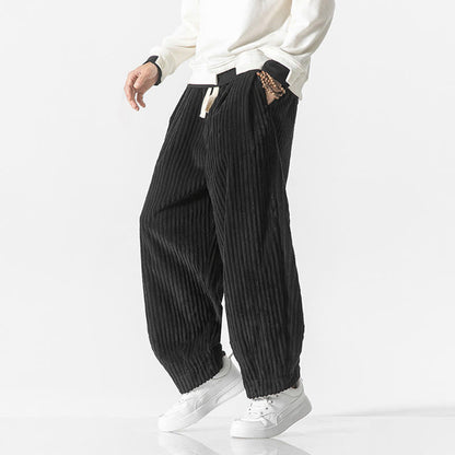 Buddha Stones Retro Winter Solid Color Men's Drawstring Corduroy Harem Pants With Pockets