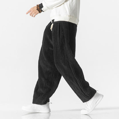Buddha Stones Retro Winter Solid Color Men's Drawstring Corduroy Harem Pants With Pockets