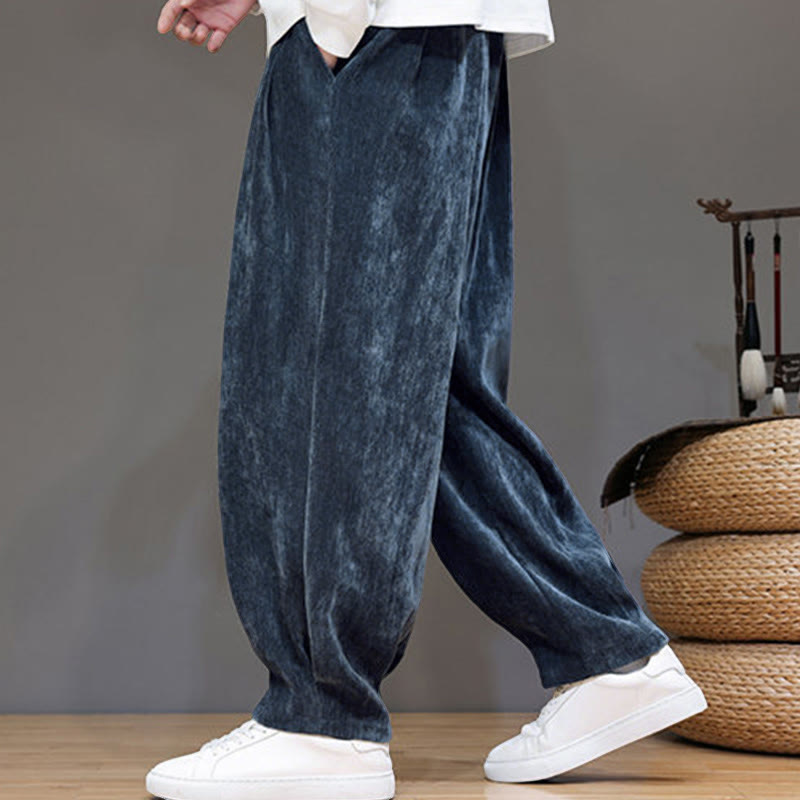 Buddha Stones Winter Pure Color Cotton Men's Harem Thickened Fleece-lined Pants With Pockets