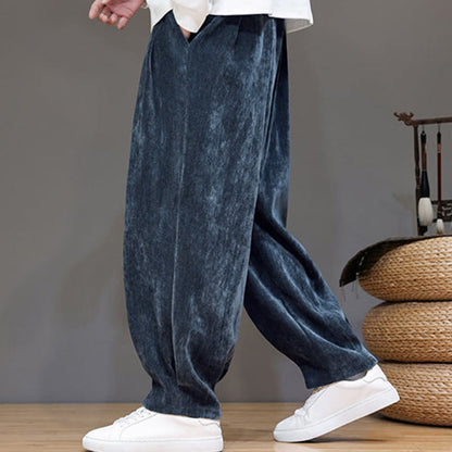 Buddha Stones Winter Pure Color Cotton Men's Harem Thickened Fleece-lined Pants With Pockets
