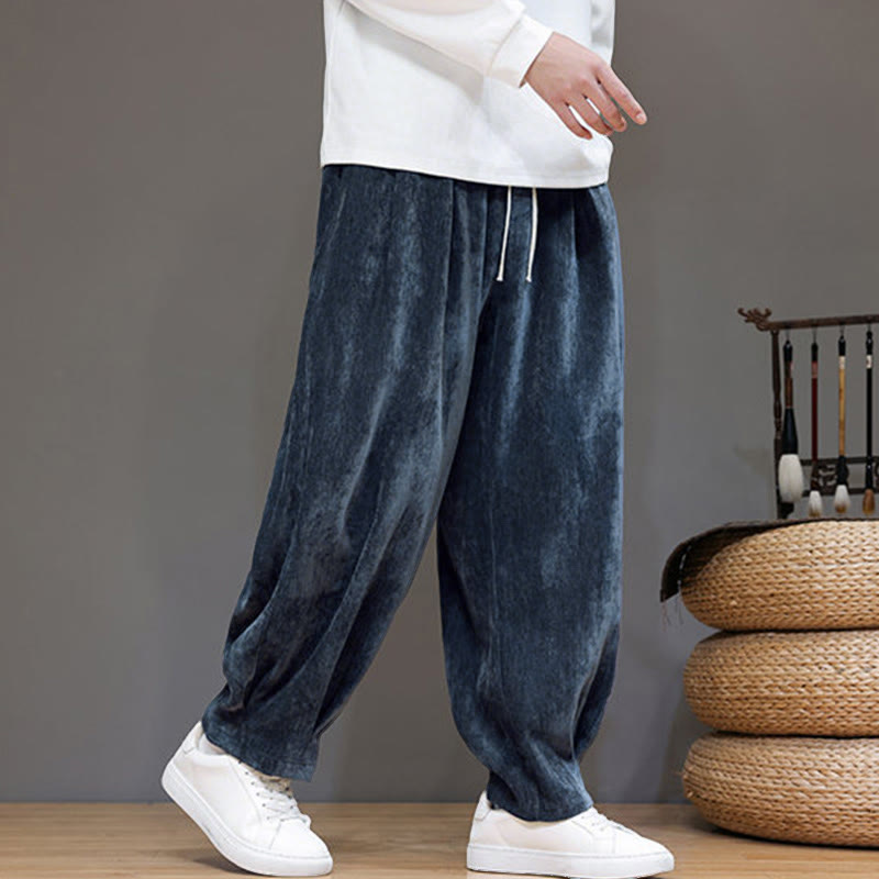 Buddha Stones Winter Pure Color Cotton Men's Harem Thickened Fleece-lined Pants With Pockets