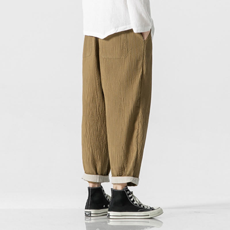 Buddha Stones Fall Solid Color Drawstring Men's Ankle-Length Harem Pants With Pockets