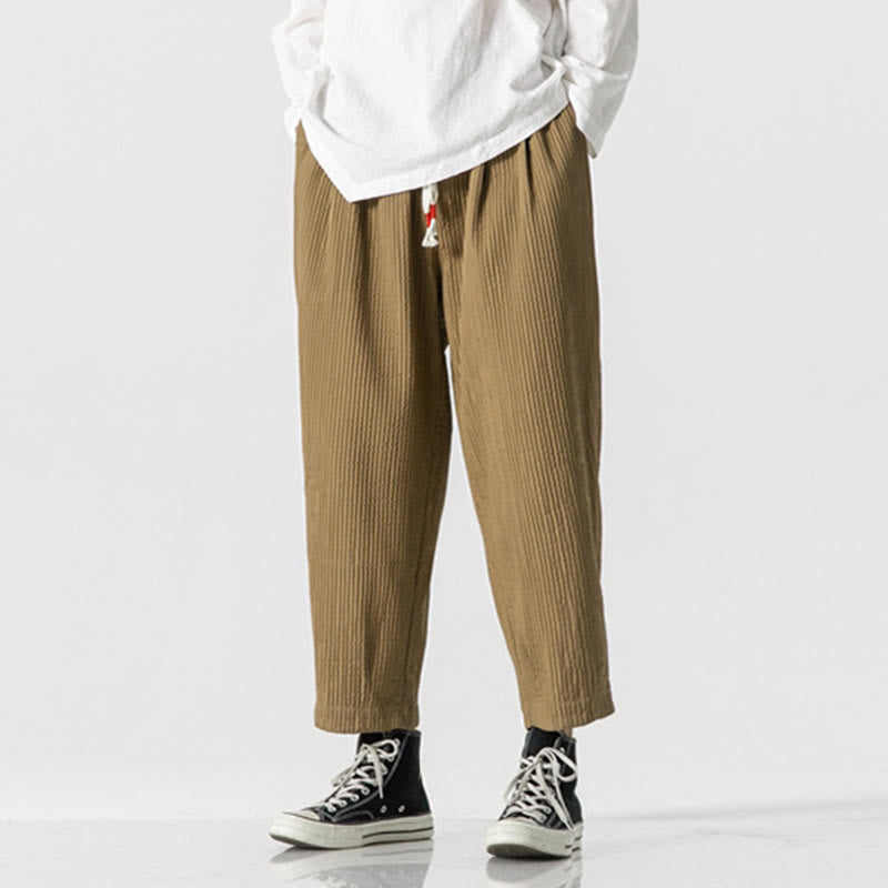 Buddha Stones Fall Solid Color Drawstring Men's Ankle-Length Harem Pants With Pockets