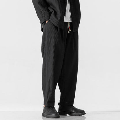 Buddha Stones Fall Solid Color Drawstring Men's Ankle-Length Harem Pants With Pockets