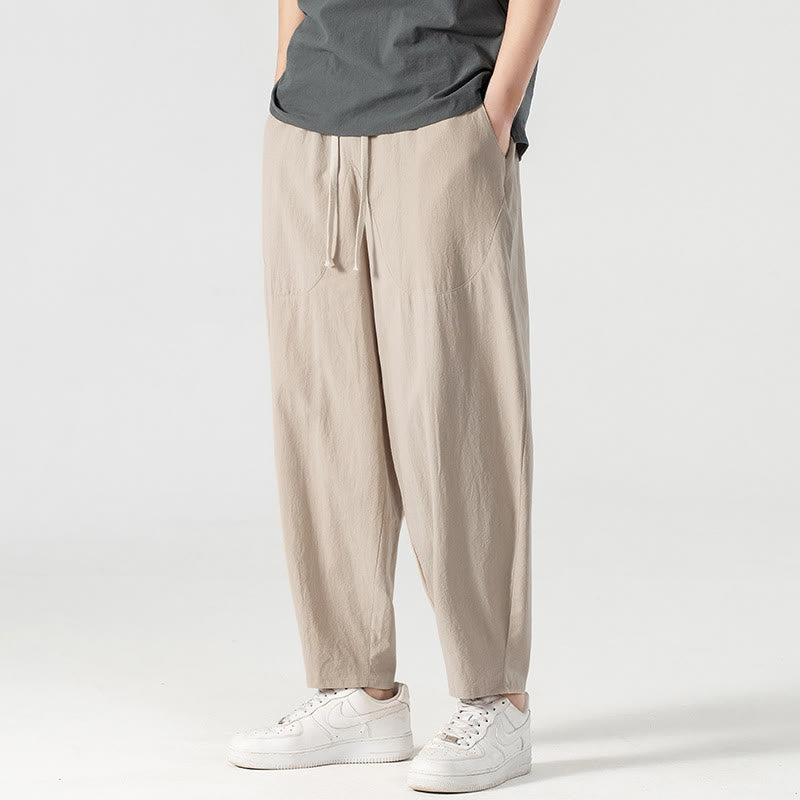 Buddha Stones Spring Fall Solid Color Drawstring Men's Ankle-Length Harem Pants With Pockets