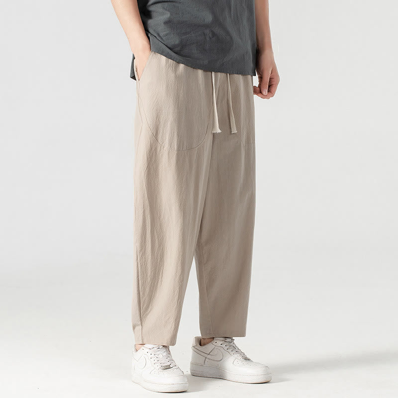 Buddha Stones Spring Fall Solid Color Drawstring Men's Ankle-Length Harem Pants With Pockets
